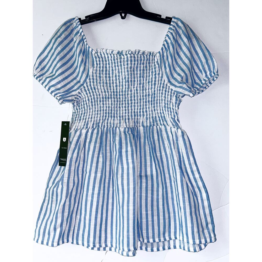 Unique Spectrum Small Blue & White Striped Shirred Square Neck Puff Sleeve Top